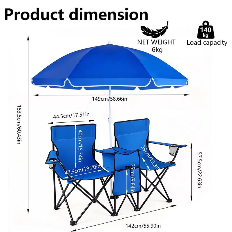 Double Camping Loveseat with Canopy – 600 lb Capacity, Cup Holders & Side Table, Foldable Outdoor Chair for Beach & Park eprolo