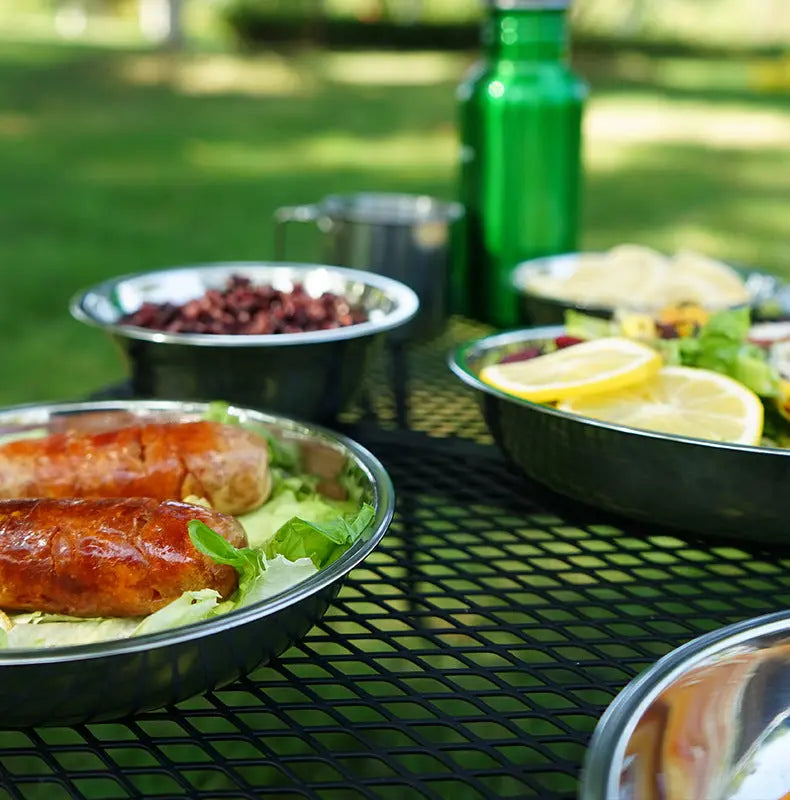 Outdoor Stainless Steel Dinner Plate 17 Pcs Camping Barbecue Tableware Portable Self Driving Barbecue Plate Soup Pot Bowl Set eprolo