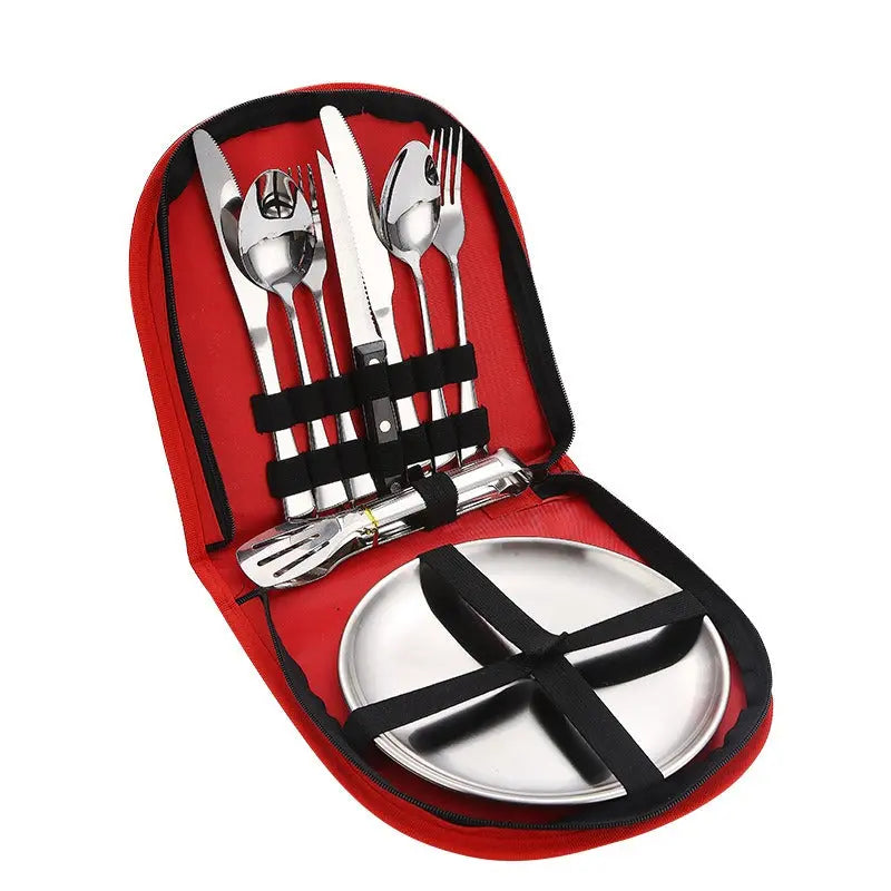 Stainless Steel Tableware Outdoor Camping Western Style Steak Knife Fork Spoon Dinner Plate Set Portable Cloth Bag Set eprolo