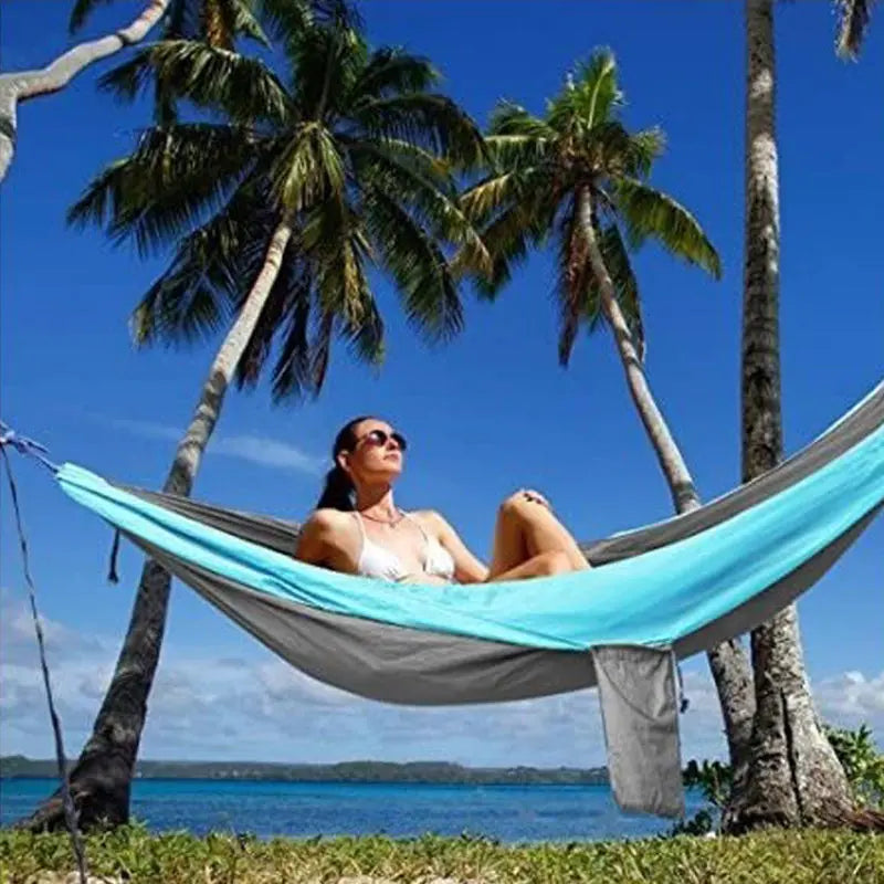 Light double nylon camping hammock with straps. Great for trips, beach, yard & garden. eprolo