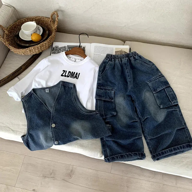 Children's vest pants denim three piece set eprolo