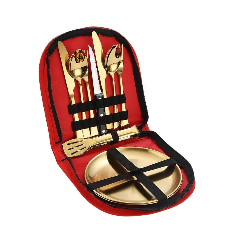 Stainless Steel Tableware Outdoor Camping Western Style Steak Knife Fork Spoon Dinner Plate Set Portable Cloth Bag Set eprolo