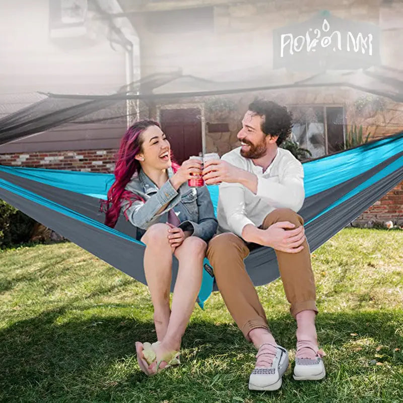 Light double nylon camping hammock with straps. Great for trips, beach, yard & garden. eprolo