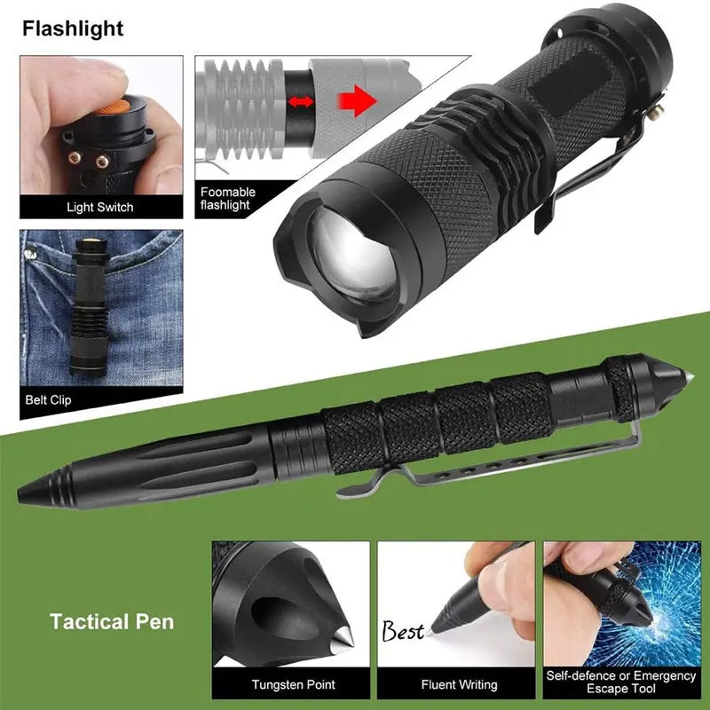 Military-grade outdoor travel survival kit with mini camping tools, emergency bracelet, whistle, blanket and knife. eprolo