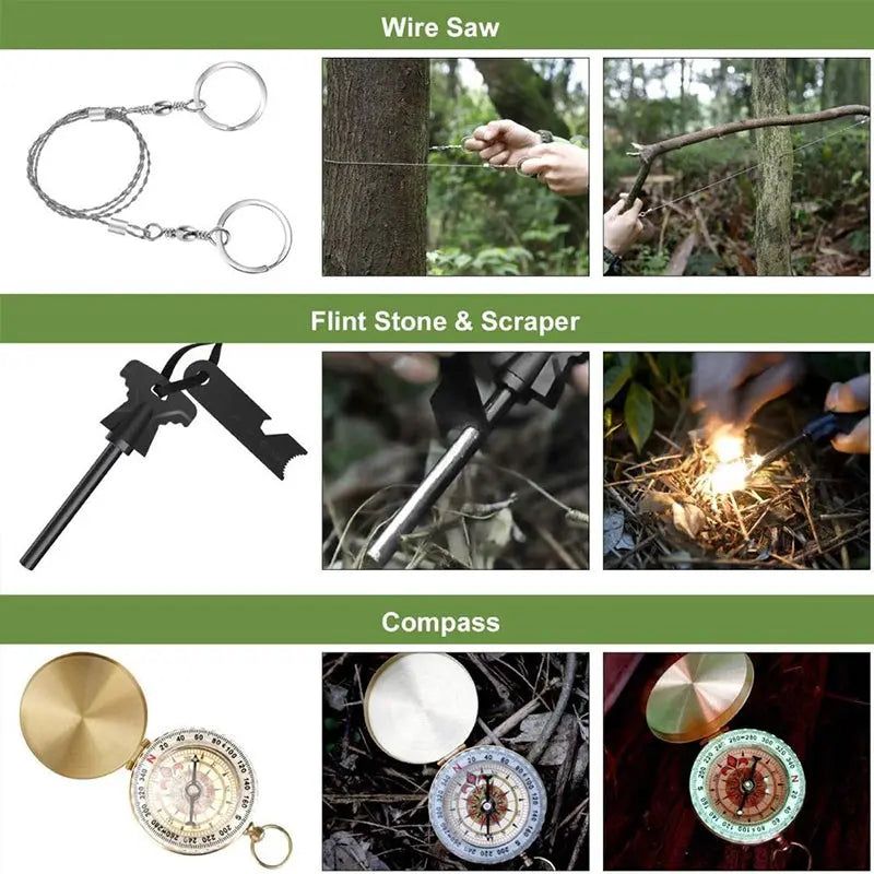 Military-grade outdoor travel survival kit with mini camping tools, emergency bracelet, whistle, blanket and knife. eprolo