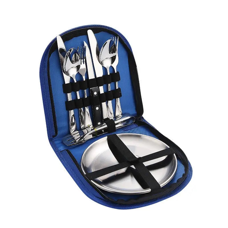 Stainless Steel Tableware Outdoor Camping Western Style Steak Knife Fork Spoon Dinner Plate Set Portable Cloth Bag Set eprolo