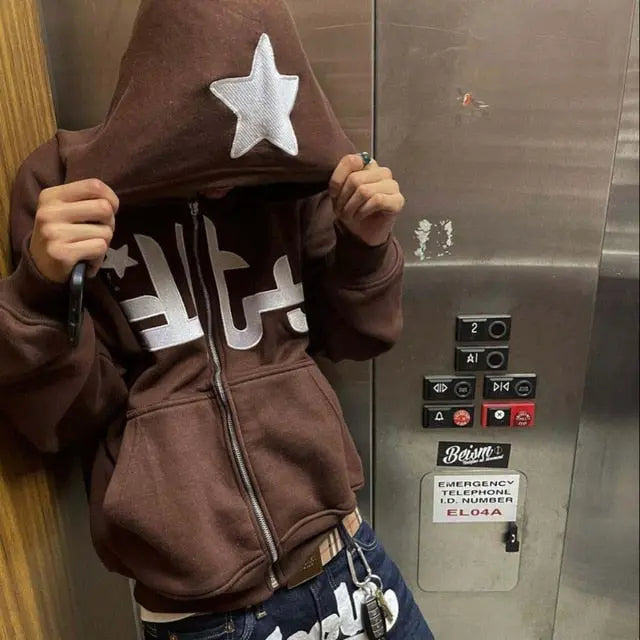 Star Printed Zip Up Hoodies My Store