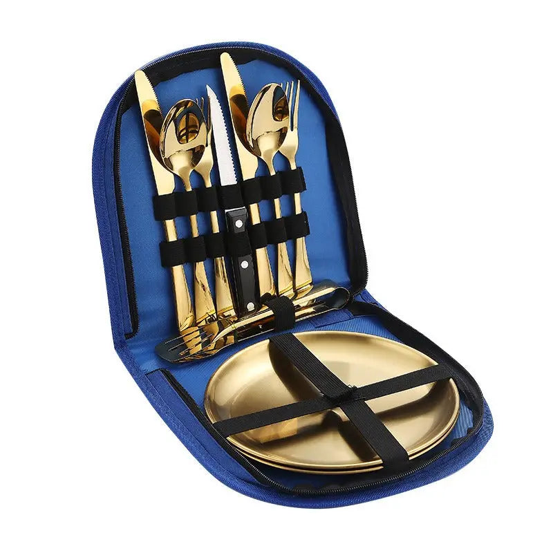 Stainless Steel Tableware Outdoor Camping Western Style Steak Knife Fork Spoon Dinner Plate Set Portable Cloth Bag Set eprolo
