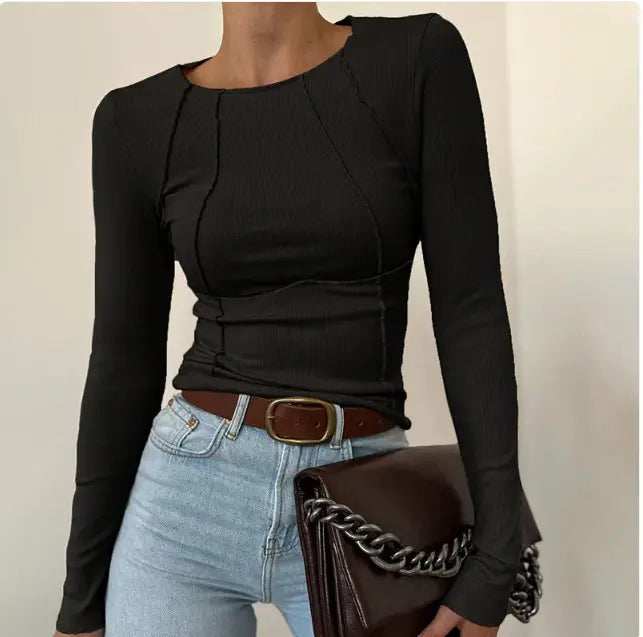 Slim Long Sleeve T-shirt Fashion Solid Color Split Thread Knitted Top Womens Clothing MyStore