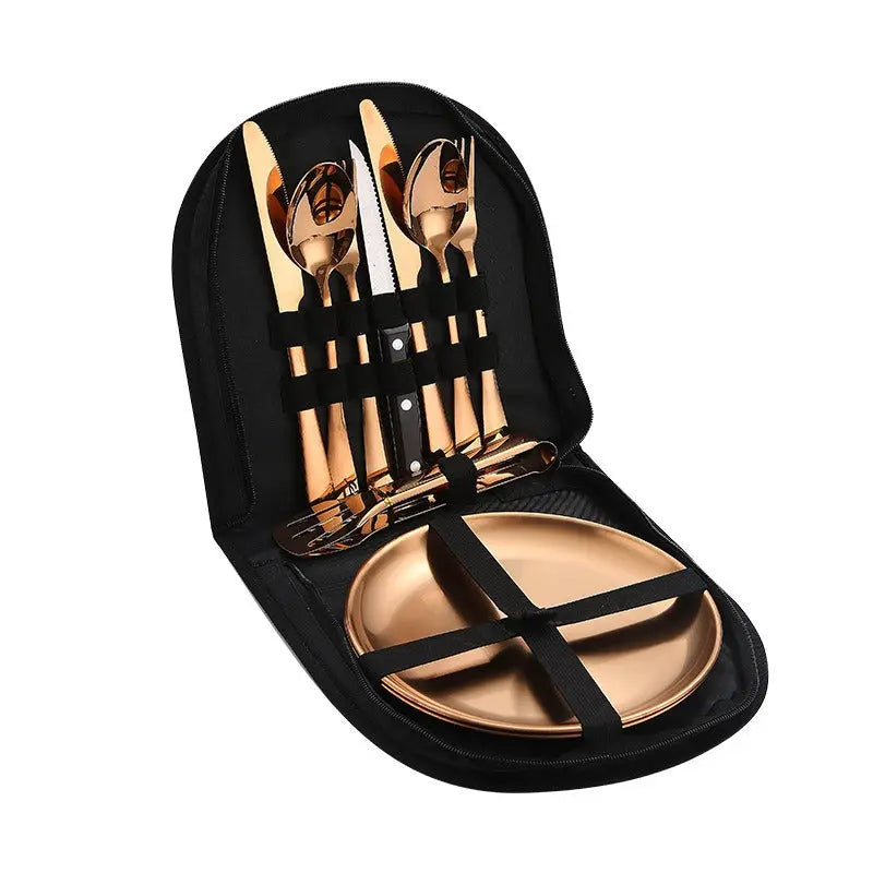Stainless Steel Tableware Outdoor Camping Western Style Steak Knife Fork Spoon Dinner Plate Set Portable Cloth Bag Set eprolo