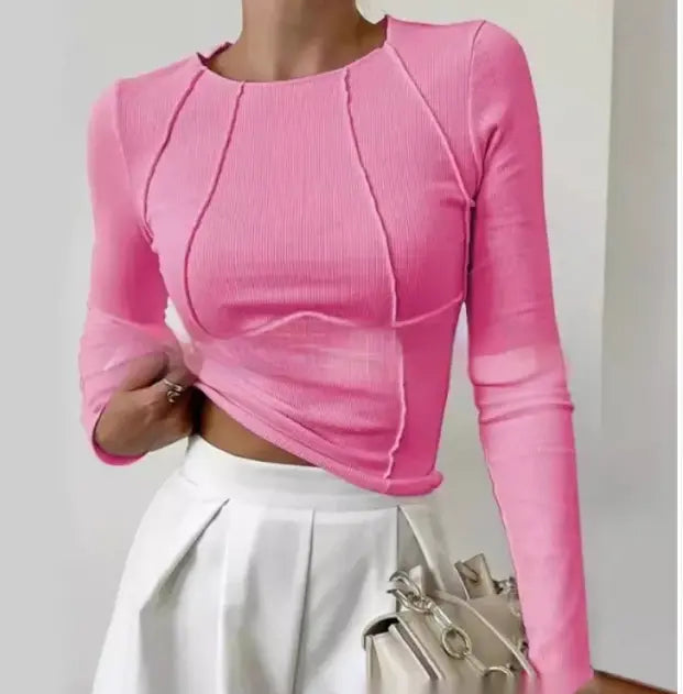 Slim Long Sleeve T-shirt Fashion Solid Color Split Thread Knitted Top Womens Clothing MyStore
