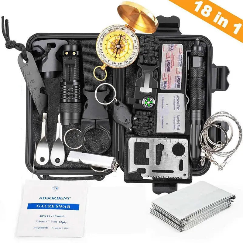 Military-grade outdoor travel survival kit with mini camping tools, emergency bracelet, whistle, blanket and knife. eprolo