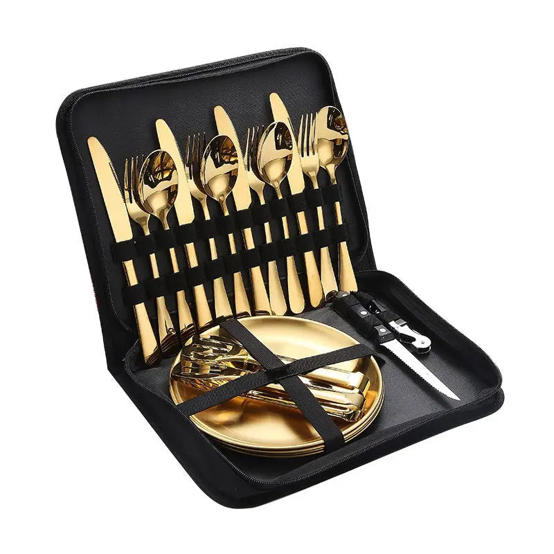 Stainless Steel Tableware Outdoor Camping Western Style Steak Knife Fork Spoon Dinner Plate Set Portable Cloth Bag Set eprolo
