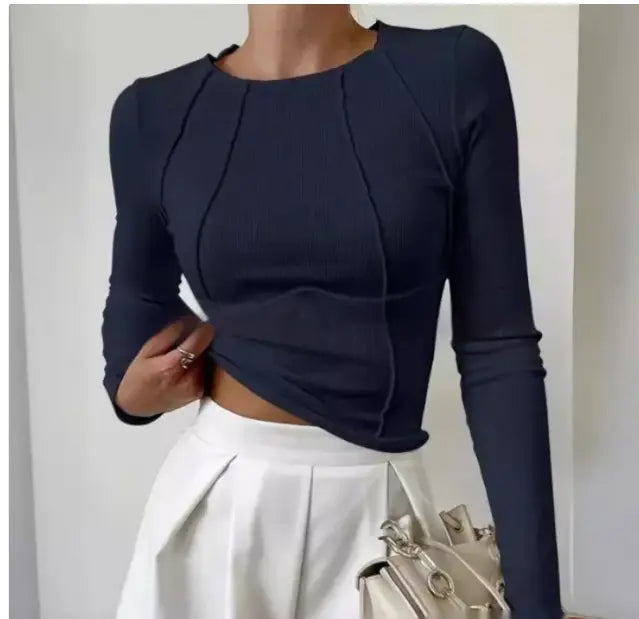 Slim Long Sleeve T-shirt Fashion Solid Color Split Thread Knitted Top Womens Clothing MyStore