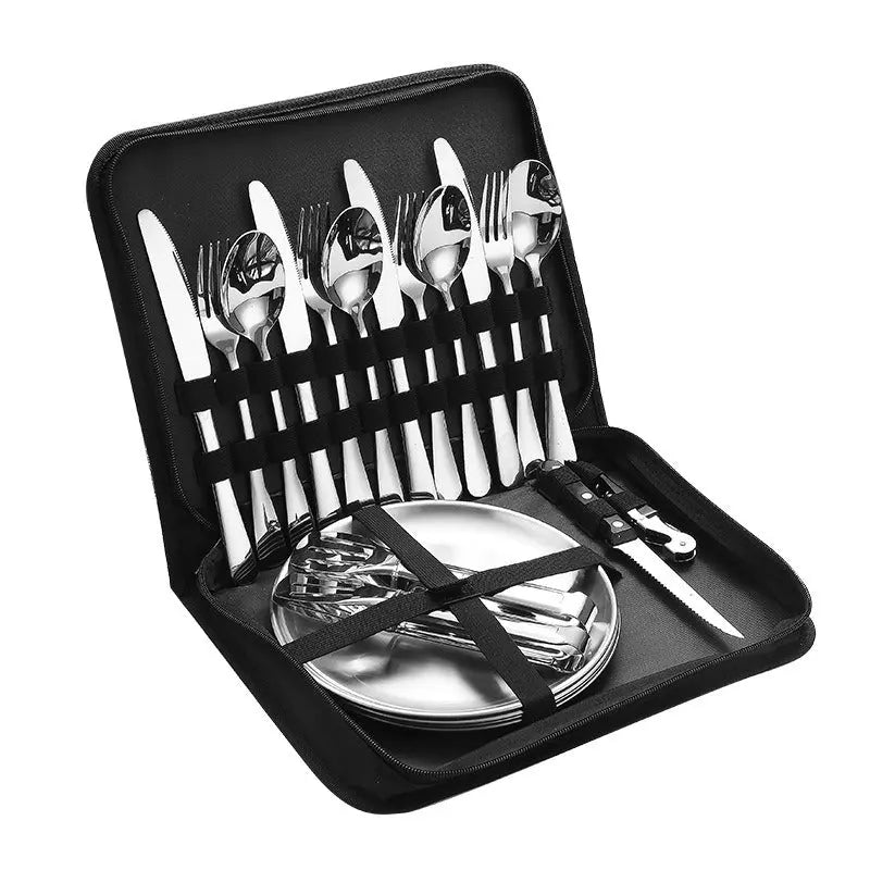 Stainless Steel Tableware Outdoor Camping Western Style Steak Knife Fork Spoon Dinner Plate Set Portable Cloth Bag Set eprolo