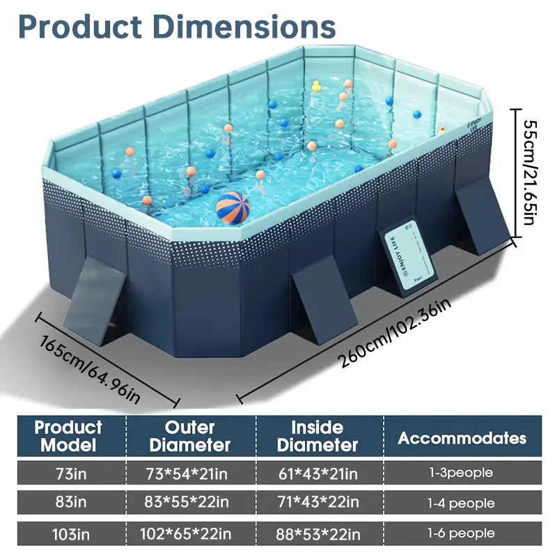Large Foldable Rectangular Family Swimming Pool, Non-Inflatable Above Ground Pool, Easy Setup Outdoor Pool for Adults and Kids eprolo