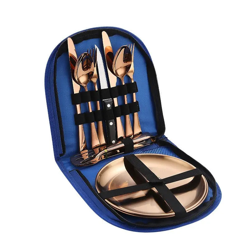 Stainless Steel Tableware Outdoor Camping Western Style Steak Knife Fork Spoon Dinner Plate Set Portable Cloth Bag Set eprolo