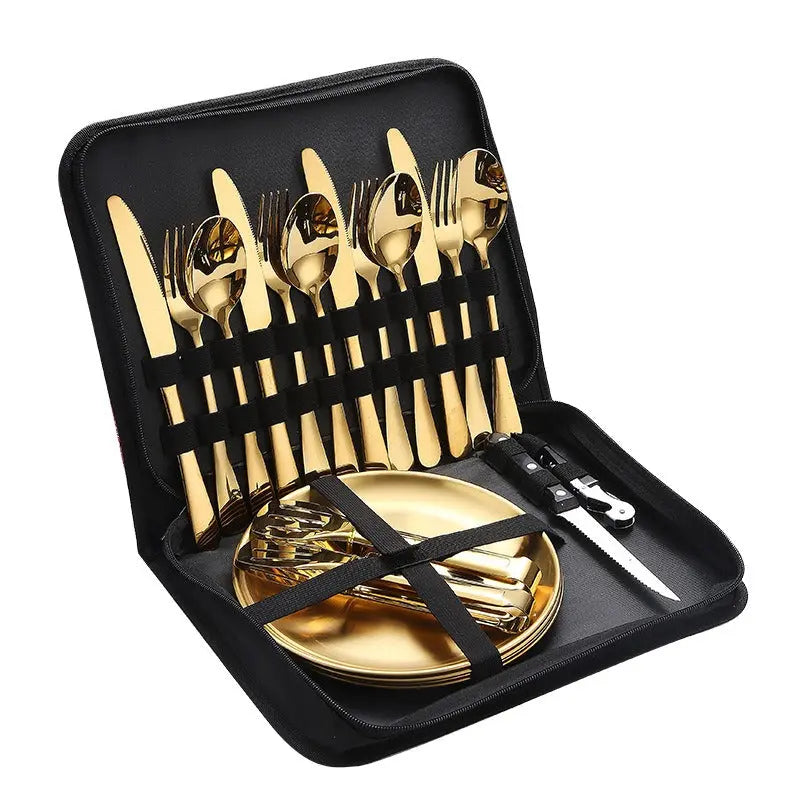 Stainless Steel Tableware Outdoor Camping Western Style Steak Knife Fork Spoon Dinner Plate Set Portable Cloth Bag Set eprolo