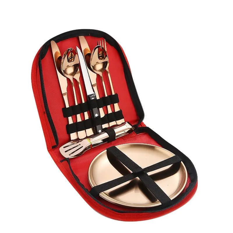 Stainless Steel Tableware Outdoor Camping Western Style Steak Knife Fork Spoon Dinner Plate Set Portable Cloth Bag Set eprolo