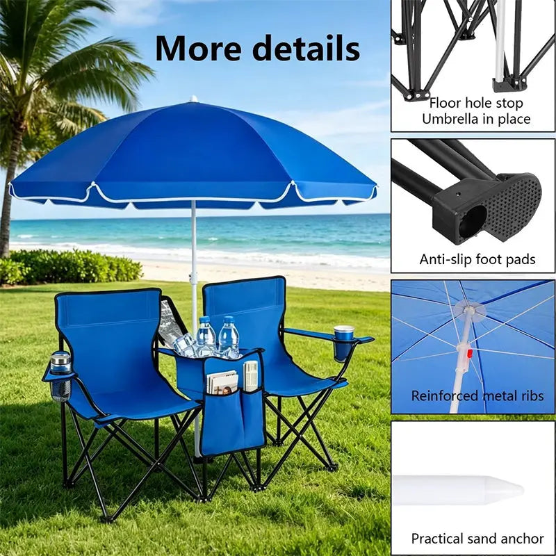Double Camping Loveseat with Canopy – 600 lb Capacity, Cup Holders & Side Table, Foldable Outdoor Chair for Beach & Park eprolo