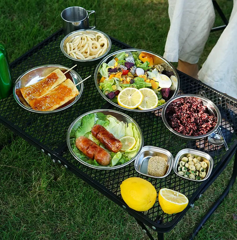 Outdoor Stainless Steel Dinner Plate 17 Pcs Camping Barbecue Tableware Portable Self Driving Barbecue Plate Soup Pot Bowl Set eprolo