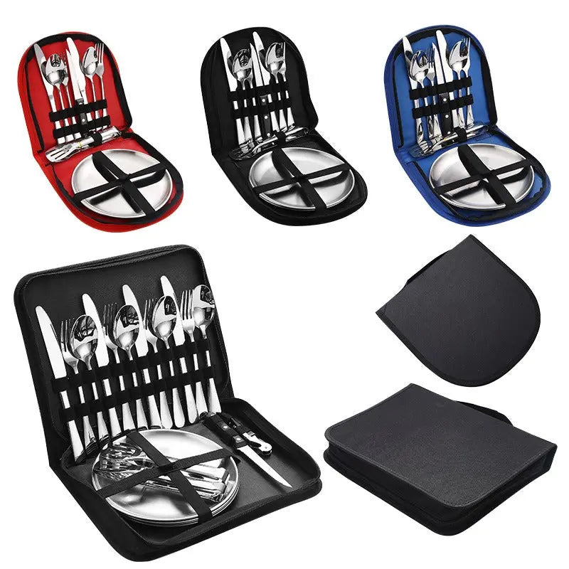 Stainless Steel Tableware Outdoor Camping Western Style Steak Knife Fork Spoon Dinner Plate Set Portable Cloth Bag Set eprolo