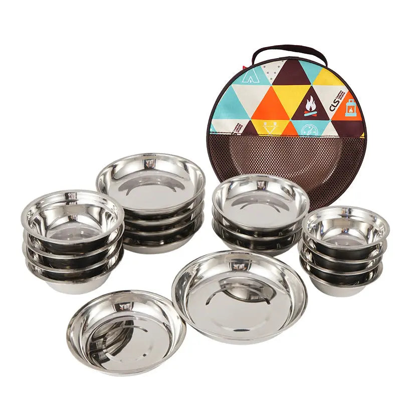 Outdoor Stainless Steel Dinner Plate 17 Pcs Camping Barbecue Tableware Portable Self Driving Barbecue Plate Soup Pot Bowl Set eprolo