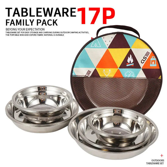 Outdoor Stainless Steel Dinner Plate 17 Pcs Camping Barbecue Tableware Portable Self Driving Barbecue Plate Soup Pot Bowl Set eprolo