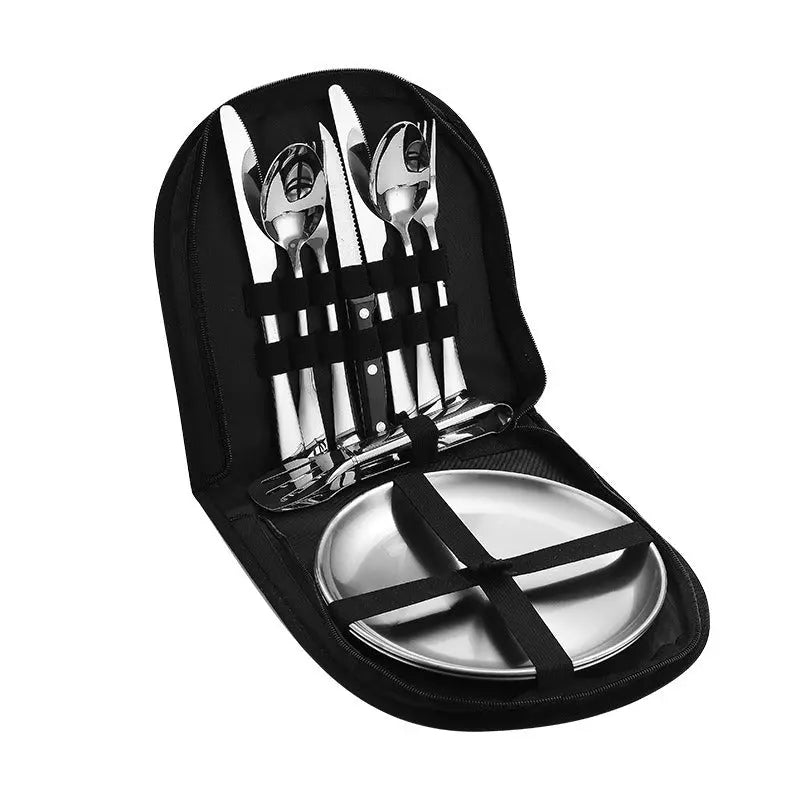 Stainless Steel Tableware Outdoor Camping Western Style Steak Knife Fork Spoon Dinner Plate Set Portable Cloth Bag Set eprolo