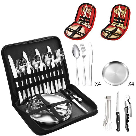 Stainless Steel Tableware Outdoor Camping Western Style Steak Knife Fork Spoon Dinner Plate Set Portable Cloth Bag Set eprolo