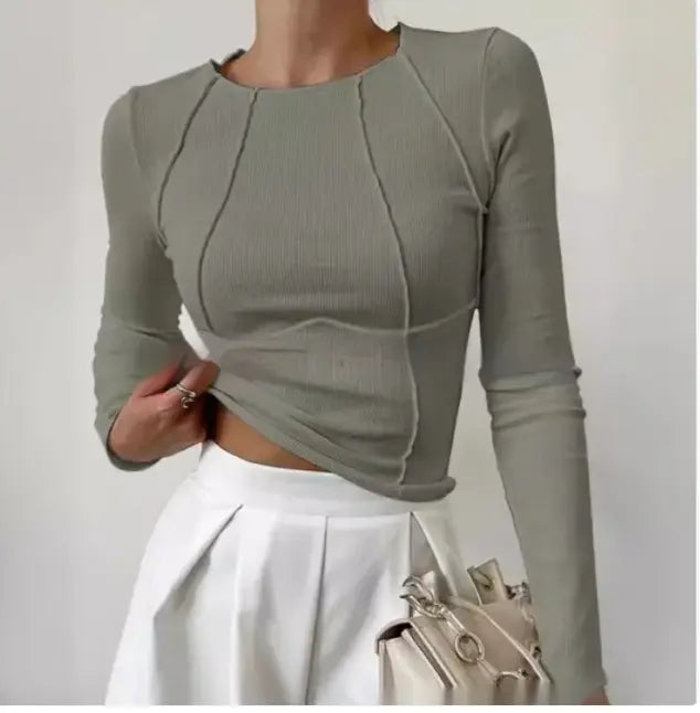 Slim Long Sleeve T-shirt Fashion Solid Color Split Thread Knitted Top Womens Clothing MyStore