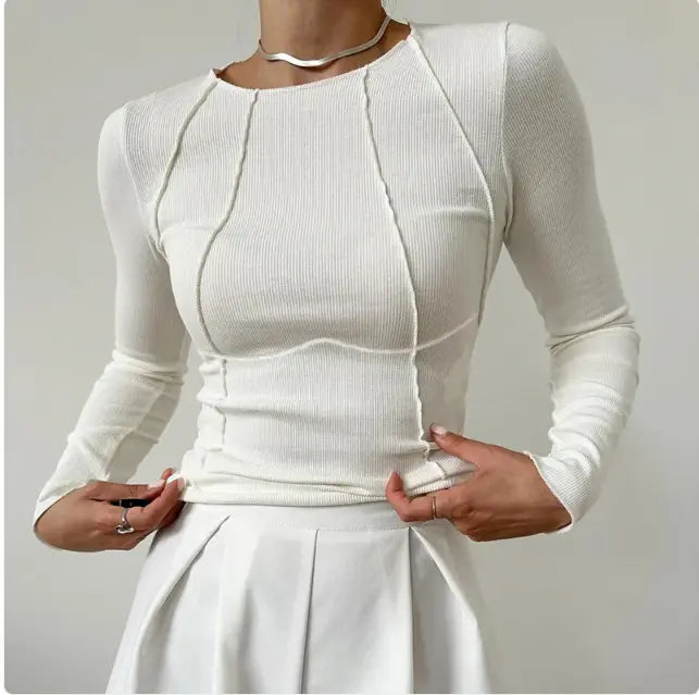 Slim Long Sleeve T-shirt Fashion Solid Color Split Thread Knitted Top Womens Clothing MyStore